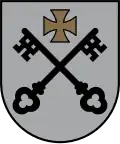 Argent two keys sable saltirewise under a cross pattée or (Lesser coat of arms of Riga, Latvia)