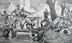 Prussian lieutenant Schmeling repelling French infantry in front of farm of En Bas. Engraved by Adalbert von Rössler (1899).