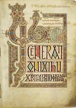 Folio 27r from the Lindisfarne Gospels ( 700) contains the incipit from the Gospel of Matthew.