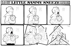 Six-panel Little Sammy Sneeze comic strip in which Sammy Sneeze destroys the strip's panel borders with a sneeze