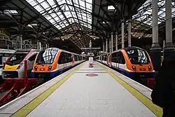 A pair of London Overground Class 710s at London Liverpool Street