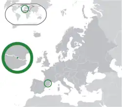 Location of&nbsp;Andorra&nbsp;(centre of green circle) in Europe&nbsp;(dark grey)