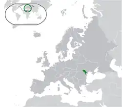 Location of Moldova in Europe (green) and its uncontrolled territory of Transnistria (light green)