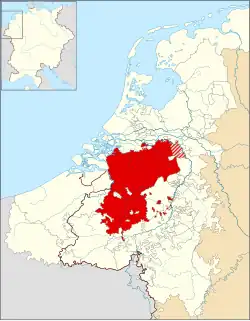 The Duchy of Brabant within the Seventeen Provinces of the Low Countries and the borders of the Holy Roman Empire (thick line)