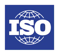 A blue rectangle with a white line drawing of a sphere inside divided longitudinally and latitudinally and emblazoned with the letters "ISO" in white