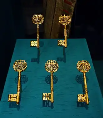 Lord Chamberlain's keys, attributed to Francis Bedwell, royal locksmith, mid-18th century, gilt bronze.