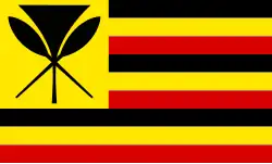 A flag with nine stripes alternating black, yellow, and red, with a yellow field in the canton defaced with a kahili crossed by two paddles.