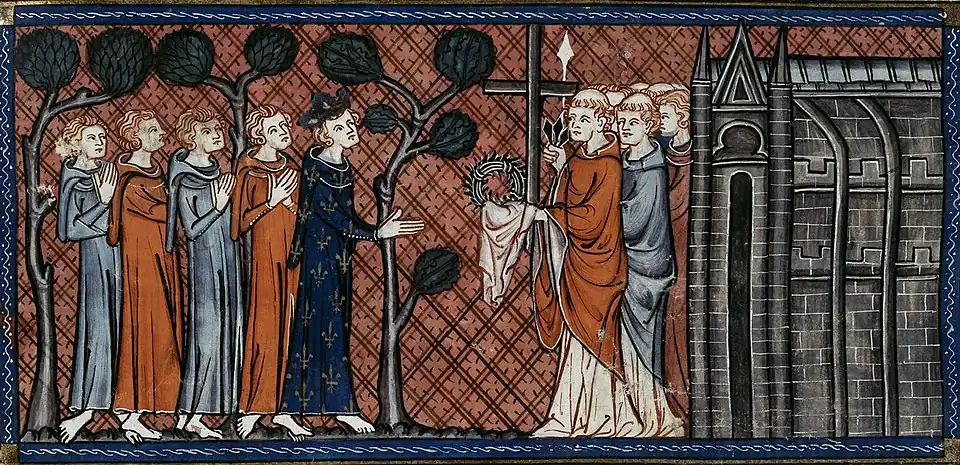 Louis IX receives the crown of thorns and other sacred relics for the Sainte-Chapelle (14th-century illustration)