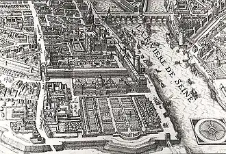 The Tuileries Palace (in foreground) and its garden, in plan engraved by Matthäus Merian the Elder in 1615