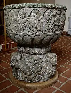 Baptismal font depicting Henry II of England ordering the murder of Thomas Becket (Lyngsjö Church, Sweden, late 12th century)
