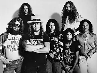 Lynyrd Skynyrd in 1977. From left to right: Leon Wilkeson, Allen Collins, Ronnie Van Zant, Gary Rossington, Artimus Pyle, Steve Gaines, and Billy Powell.