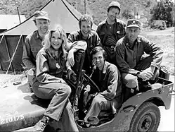 Cast just prior to production of Season 3, 1974 (clockwise from left): Loretta Swit, Larry Linville, Wayne Rogers, Gary Burghoff, McLean Stevenson, and Alan Alda