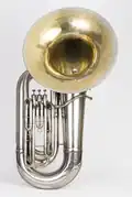 Photograph of a recording tuba with forward-pointing bell