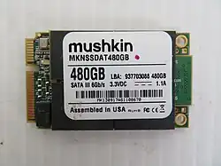 A Mushkin 480GB mSATA SSD. Before the M.2 format, mSATA SSDs were used to save space comparing to the most common 2.5" SSDs. They phased out around 2015 to replace with the newer M.2 format which is faster than a traditional 2.5" SATA SSD as it uses the PCI Express standard.
