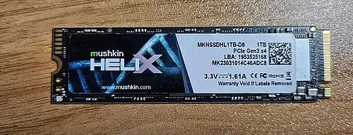 A Mushkin 1TB 2280 NVMe SSD. 2280 is the most common size for NVMe SSDs. However, 2230 NVMe SSDs are becoming more common to save space in the system board.