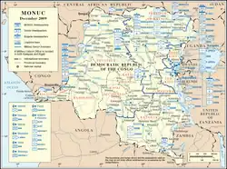 A map of the Democratic Republic of the Congo marked with military map symbols showing type, nationality and location of MONUC units.
