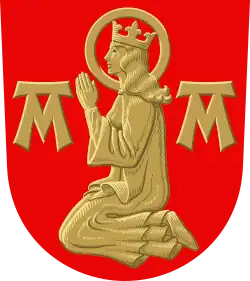 A kneeling Virgin Mary pictured in the former coat of arms of Maaria