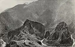 Urubamba River canyon with Machu Picchu, Huayna Picchu and surrounding Andean peaks.