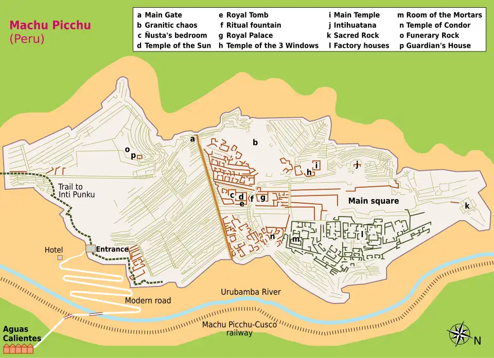 Site map of Machu Picchu with its two main sectors (agricultural and urban)