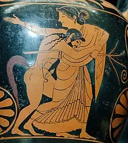Detail of a red-figure amphora depicting a satyr assaulting a maenad, by Pamphaios (potter) and Oltos (painter), c. 520 BC, Louvre