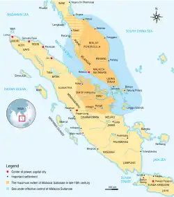 Map showing the extent of the Malacca Sultanate, covering much of the Malay Peninsula and some of Sumatra