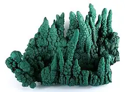 Malachite stalactites (to 9&nbsp;cm height), from Kasompi Mine, Katanga Province, Democratic Republic of the Congo. Size: 21.6×16.0×11.9&nbsp;cm.