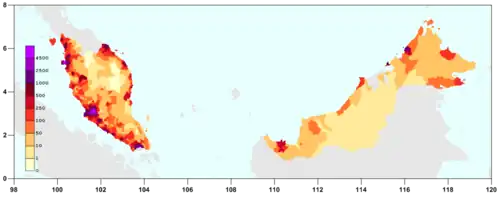 A map of Malaysia depicting the expected 2010 estimated population density.