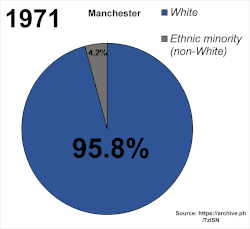 An animated gif of a series of pie charts between 1971 and 2021, which show the proportion of White people decreasing from 95.8% to 48.7% and various other demographics appearing.
