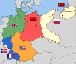 The eventual partition of Germany into Allied Occupation Zones:[28] &nbsp;&nbsp;British zone &nbsp;&nbsp;French zone (two exclaves) and beginning in 1947, the Saar Protectorate &nbsp;&nbsp;American zone, including Bremen &nbsp;&nbsp;Soviet zone, later the GDR &nbsp;&nbsp;Polish and Soviet annexed territory