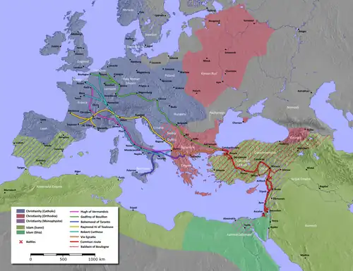 A map of the Mediterranean, with the routes of Hugh I of Vermandois, Godfrey of Bouillon, Bohemond of Taranto, Raymond IV of Toulouse, Robert Curthose, and Baldwin of Boulogne highlighted. The major Christian and Muslim empires at the time of the crusade are also highlighted. Major battles in Asia Minor are marked.