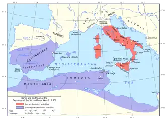 A map of the western Mediterranean showing territory controlled by Carthage and Rome in 218 BC