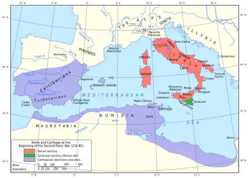 a map of the western Mediterranean region showing the territory and allies of Rome and Carthage in 218 BC