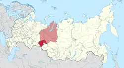 Tyumen Oblast, including the Khanty-Mansi Autonomous Okrug (pink) and Yamalo-Nenets Autonomous Okrug (pink)