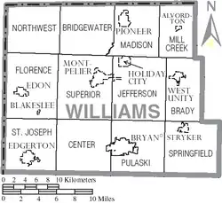 The northern tier of townships in Williams County are within the Toledo Strip. The southern boundary of each lies along the Ordinance Line.[55]