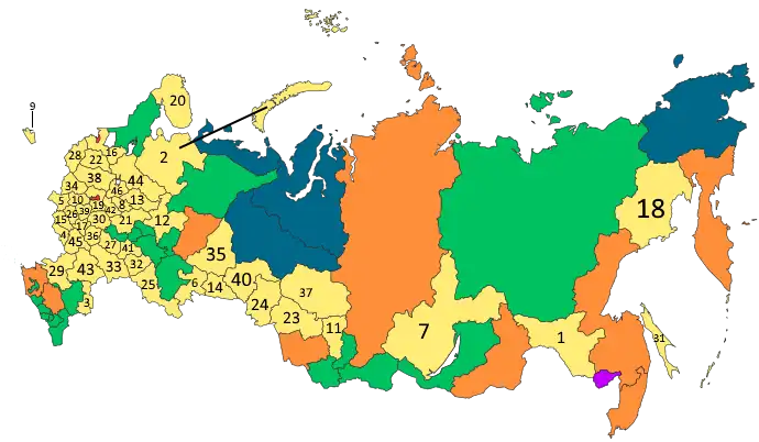 Map of Russia using internationally-recognized borders and showing oblasts in numbers