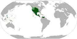 Anachronistic map showing all territories that were ever part of the Viceroyalty of New Spain (dark green). The areas in light green were territories claimed but not controlled by New Spain.