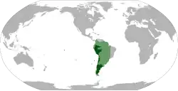 Location of the Viceroyalty of Peru: initial de jure territory 1542–1718 (light green) and final territory 1776–1798[d] (dark green)