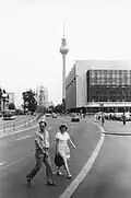 Marx-Engels-Platz and the Palace of the Republic in East Berlin in the summer of 1989. The Fernsehturm (TV Tower) is visible in the background