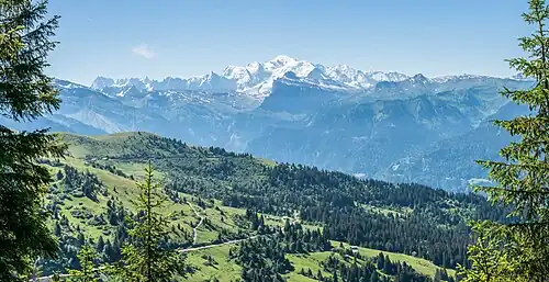 Massif du Mont-Blanc seen from Tête du Vuargne in commune of Verchaix, Haute-Savoie, France