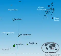* Islands of Mauritius labelled in black. * Tromelin Island (part of the French Southern and Antarctic Lands, claimed by Mauritius). * The Chagos Archipelago (the British Indian Ocean Territory) are set to be transferred to Mauritius in 2026.[2]