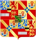 The coat of arms used by Maurice showing the county of Moers (top left center and bottom right center) and his mother's arms of Saxony (center): 78
