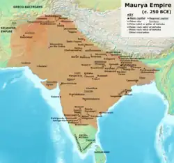 Traditional depiction of the Maurya Empire under Ashoka as a solid mass of Maurya-controlled territory.[b][c]