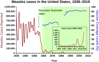 Measles cases 1938-1964 follow a highly variable epidemic pattern, with 150,000-850,000 cases per year. A sharp decline followed the introduction of the vaccine in 1963, with fewer than 25,000 cases reported in 1968. Outbreaks around 1971 and 1977 gave 75,000 and 57,000 cases, respectively. Cases were stable at a few thousand per year until an outbreak of 28,000 in 1990. Cases declined from a few hundred per year in the early 1990s to a few dozen in the 2000s.