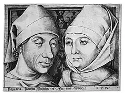 Delicate engraved lines of hatching and cross-hatching, not all distinguishable in reproduction, are used to model the faces and clothes in this late-fifteenth-century engraving.