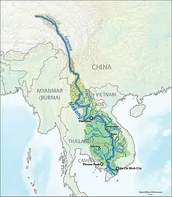 The Mekong is a trans-boundary river, originating in the Tibetan Plateau. Its upper tributary river systems (e.g. ngom chu&nbsp;[zh]) are restricted to narrow gorges, but the tributaries that feed its lower reaches (e.g. the Mun River) cover larger areas.