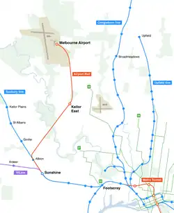 Map of Melbourne Airport Rail link showing the route and current public transport in Melbourne's north-west.