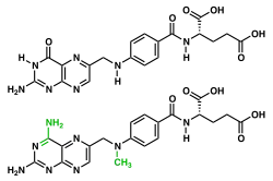 2D chemical structural diagrams comparing folic acid and methotrexate