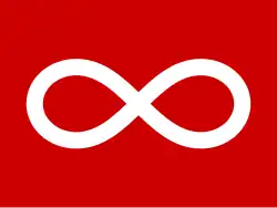 A flag with a red background and a large centered white infinity loop.