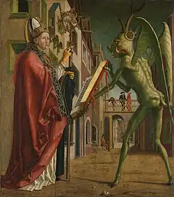 In the 15th century Saint Wolfgang and the Devil by Michael Pacher, the Devil is green. Poets such as Chaucer also drew connections between the color green and the devil.[52]