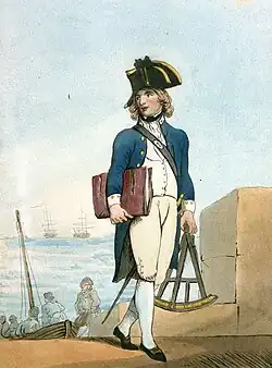 A full size portrait of a boy with long golden hair wearing the uniform of a midshipman: a bicorne hat, a blue tails coat with white patches on the collar, a white waistcoat, breeches and hose, and a sword on the left side